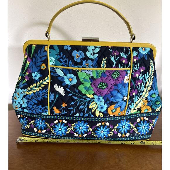 Vera Bradly Blue Purple Yellow Square Clasp Short Handle Purse. - Picture 3 of 14